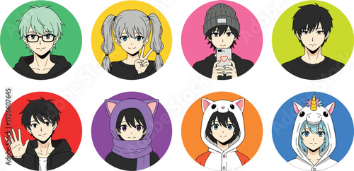 Anime Avatar Icon Set with Cute Manga Characters Colorful Profile Pictures for Social Media Gaming and Online User Illustration Collection