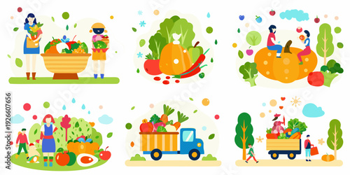 Colorful illustration depicting people harvesting and transporting fresh produce