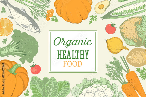 Vibrant organic food illustration featuring fish vegetables fruits and grains in a healthy arrangement