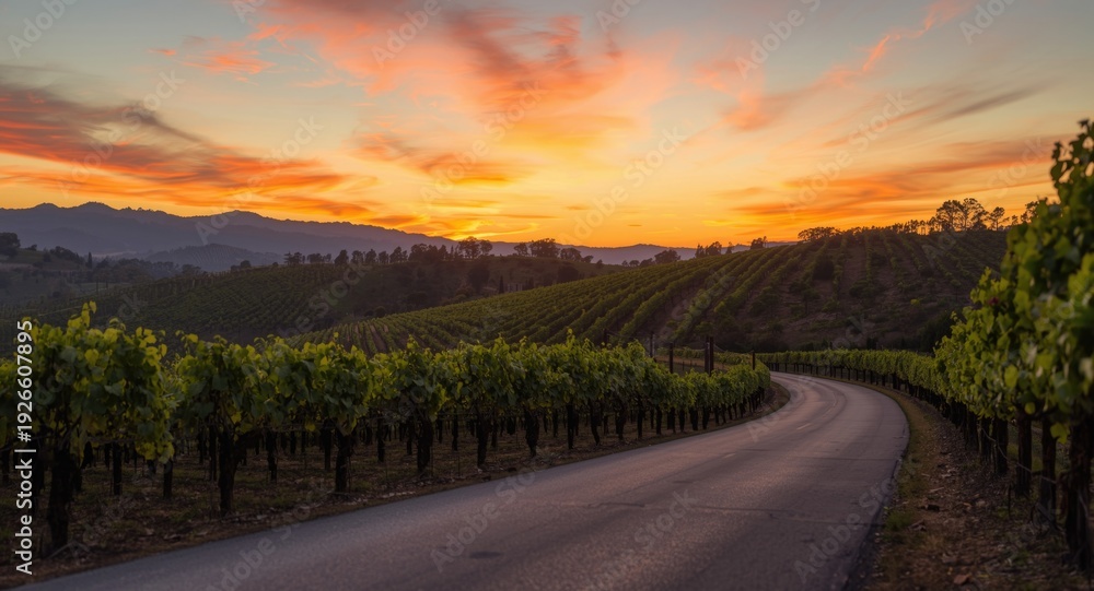 Obraz premium Sunset sky above rolling hills with vineyards and a winding asphalt road