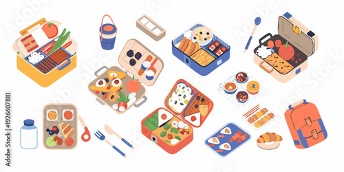 Colorful assortment of packed lunches and picnic food items displayed overhead