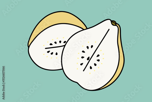 Illustration of two asian pears one halved against a teal background