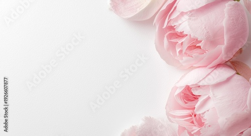 Soft pink peony petals positioned over a white light textured copy space canvas