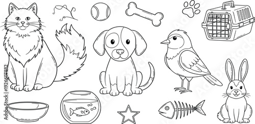 Black and White Pet Animal Line Art Collection Featuring Cat Dog Bird Rabbit and Fish with Accessories for Children Coloring Books and Veterinary Clinic Graphics