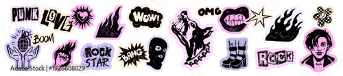 Rock doodle sticker set, hand drawn grunge punk scrapbook collage badge, aggressive urban art sign. Gothic emo scribble design element, lettering patch, dog head, fire flame. Rock music paper sticker