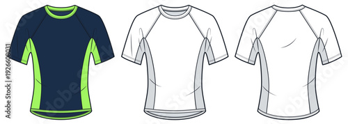 Fitted T-Shirt Technical Fashion Illustration. Raglan Sleeve Top fashion flat technical drawing template, crew neck, front and back view, white, navy blue, lime color, women, men, unisex CAD mockup.