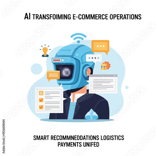 A futuristic robot head with a screen on its face, surrounded by digital icons and documents on a white background. Perfect for technology, innovation, and e-commerce presentations.