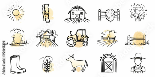 Collection of hand drawn farm icons including buildings animals and tools