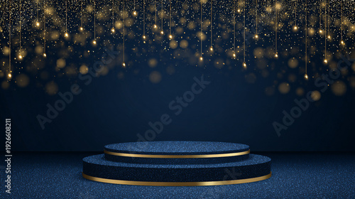 Elegant Dark Blue Stage Design with Glittering Gold Lights Effect