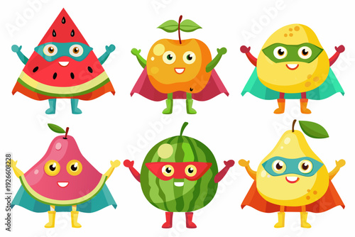 Cartoon superhero fruits watermelon apple pear and orange pose cheerfully