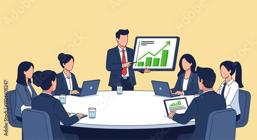 Presenter leads a corporate conference meeting with colleagues at a white table, remote and screen in view from the front