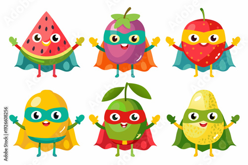 Super fruit heroes watermelon plum strawberry lemon pear and pomelo