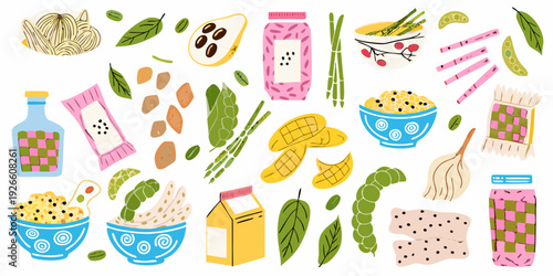 Colorful illustration of various healthy foods and ingredients arranged randomly
