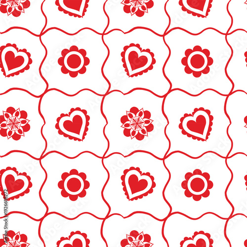 Wedding seamless pattern, heart, flower, cage, red, Slavic wedding, a-la Russia, vector