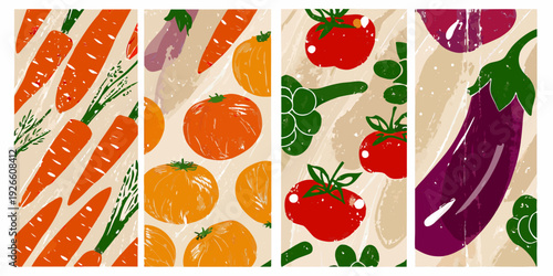 A vibrant collection of illustrated vegetables and fruits arranged in panels