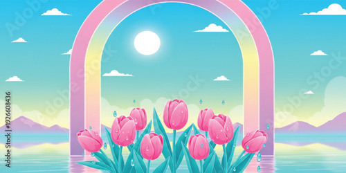 Colorful Spring Tulip Garden Under Rainbow Arch with Sun Sky and Mountains Dreamy Nature Landscape for Seasonal Backgrounds and Floral Designs