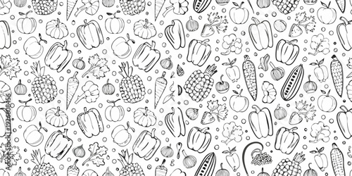 Detailed black and white pattern of various fruits and vegetables