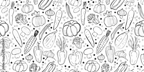 Seamless pattern of various hand drawn vegetables and produce items