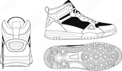 High top sneaker vector technical illustration, athletic footwear outline drawing, streetwear shoe blueprint, sole tread pattern, side back bottom views