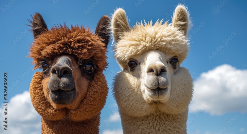 Fototapeta premium Happy alpacas showing their fluffy brown and cream fur in a close horizontal portrait with sky background