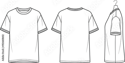 Basic t shirt technical vector illustration, casual crew neck apparel blueprint drawing, front back side views, sleeve hem stitching detail layout