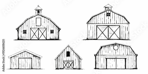 Detailed sketch of traditional barns from multiple perspectives