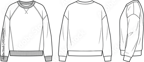 Crew neck sweatshirt technical vector illustration, casual pullover apparel blueprint drawing, front back side views, rib cuff hem stitching layout