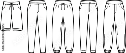 Men’s Jogger Pants and Short Pants Technical Drawing Front and Back View CAD
