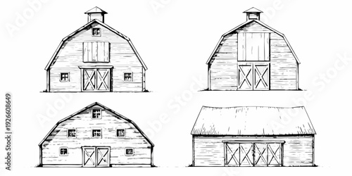 Vintage sketch of four different views of a classic wooden barn