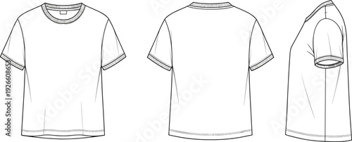 Cropped hoodie technical vector illustration, womens sweatshirt apparel blueprint drawing, front back views, elastic waist cuff stitching detail layout