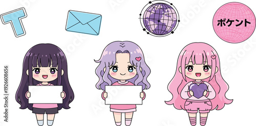 Cute Anime Girls Holding Blank Sign Boards with Social Media Icons Kawaii Manga Characters for Message Banner and Online Communication Design