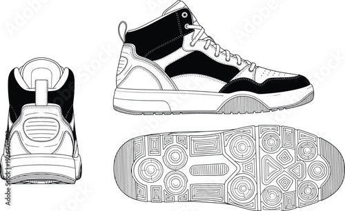 High top sneaker technical vector illustration, athletic shoe blueprint outline, streetwear footwear design, sole pattern, side front back views layout