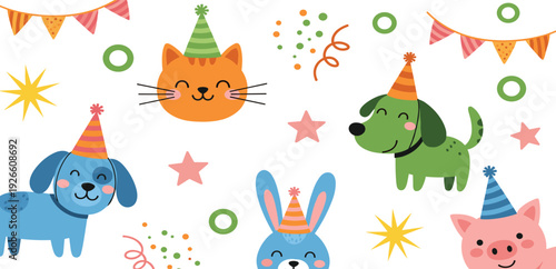 Cute Birthday Party Pet Character Set Featuring Cat Dog Rabbit and Pig with Party Hats and Festive Decorations for Children's Celebration Designs