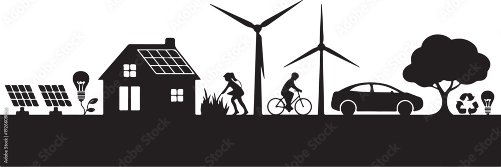 Naklejka premium Eco friendly on white background solar panels wind turbines