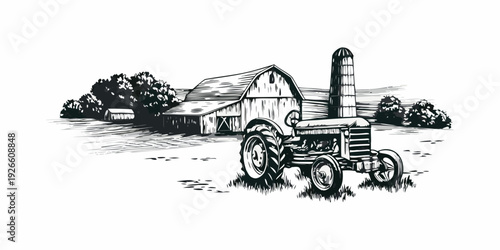 Vintage farm scene featuring a barn tractor and surrounding landscape