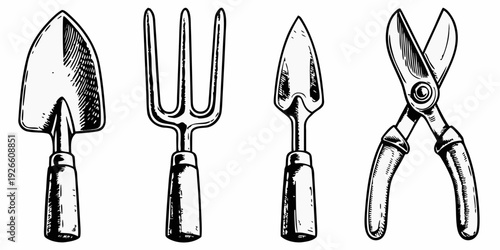 A collection of vintage gardening tools illustrated in black and white