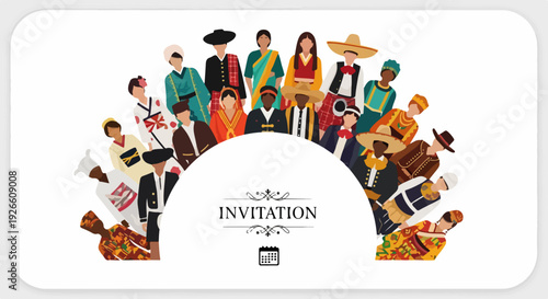 Multicultural Invitation: Diverse People in Traditional Attire Gathering for Event
