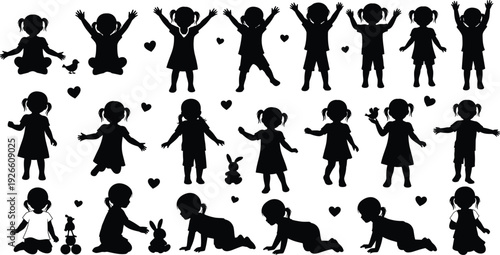 Cute children silhouettes playing and posing with toys, hearts, and animals, adorable vector kids collection for nursery artwork design
