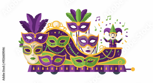 Vibrant Mardi Gras parade float with masks and a jester, celebrating festive street parties and carnival
