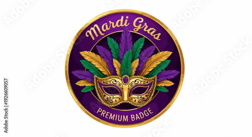 Mardi Gras premium badge with ornate mask and colorful feathers, celebrating carnival and festive events
