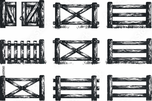 Sketch of various wooden fence designs and gate elements