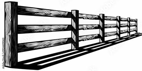 A black and white illustration of a wooden split rail fence casting shadows