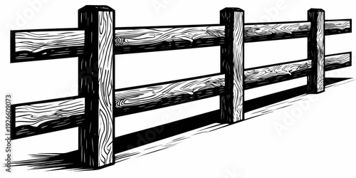 Black and white illustration of a simple wooden post and rail fence