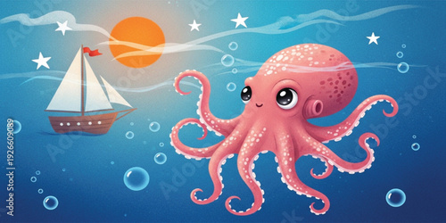 Cute Cartoon Octopus Underwater with Sailboat Ocean Bubbles and Stars Whimsical Sea Animal Illustration for Kids Marine Life Background Design