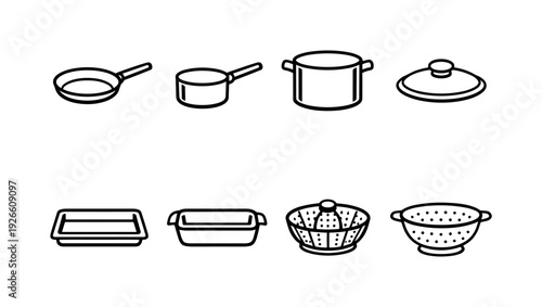 Home kitchen cookware basics: frying pan, saucepan, stockpot, lid, baking tray, roasting dish, steamer basket, colander