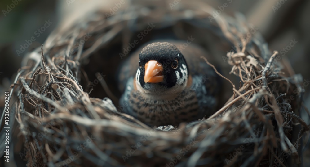 Obraz premium Birds eye angle showing a young zebra finch in the nest with sharp head focus