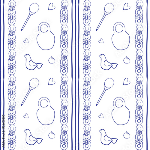 Wedding seamless pattern, stripe, matryoshka, bagels, blue, Slavic wedding, a-la Russia, vector