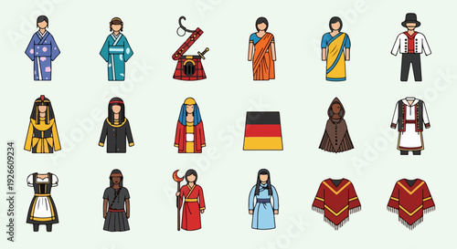 Collection of colorful flat icons depicting diverse international traditional clothing and cultural symbols