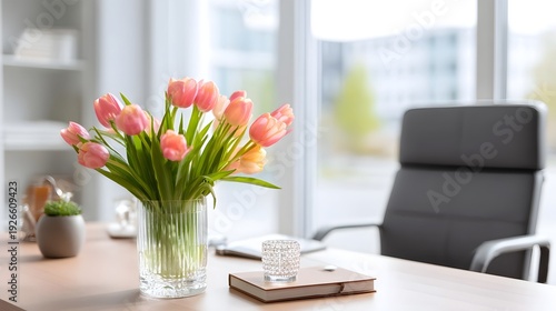A beautifully arranged desk in a contemporary office space features vibrant tulips as elegant decor enhancing the professional atmosphere with a touch of natural beauty and refined style