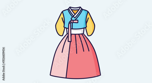 Traditional Korean Hanbok dress with vibrant colors, blue jacket and pink skirt, on a light blue background.